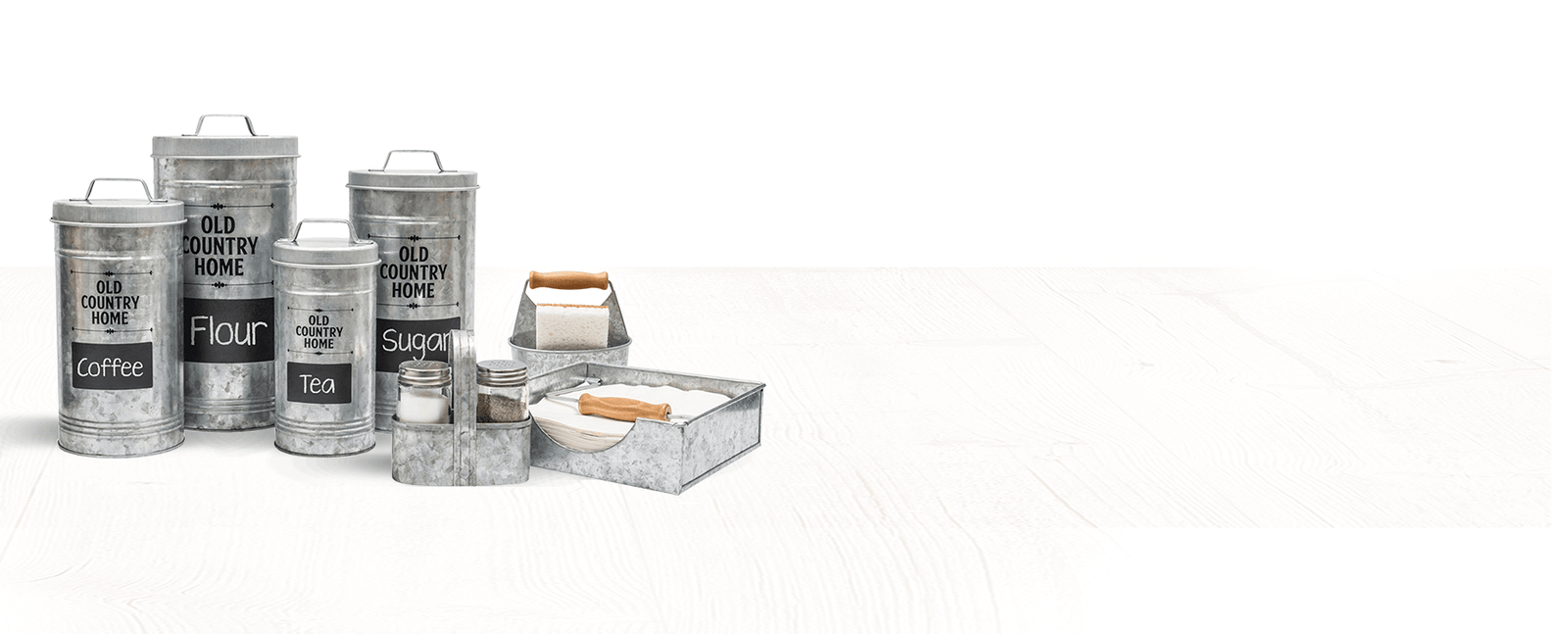 Galvanized collection of Saratoga Home's nesting canisters, salt and pepper shakers, napkin holder and sponge holder